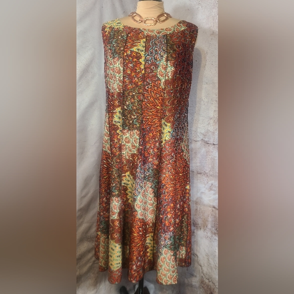 Orange Brown Rust BOHO Paisley Sleeveless Knit Midi Dress 2X